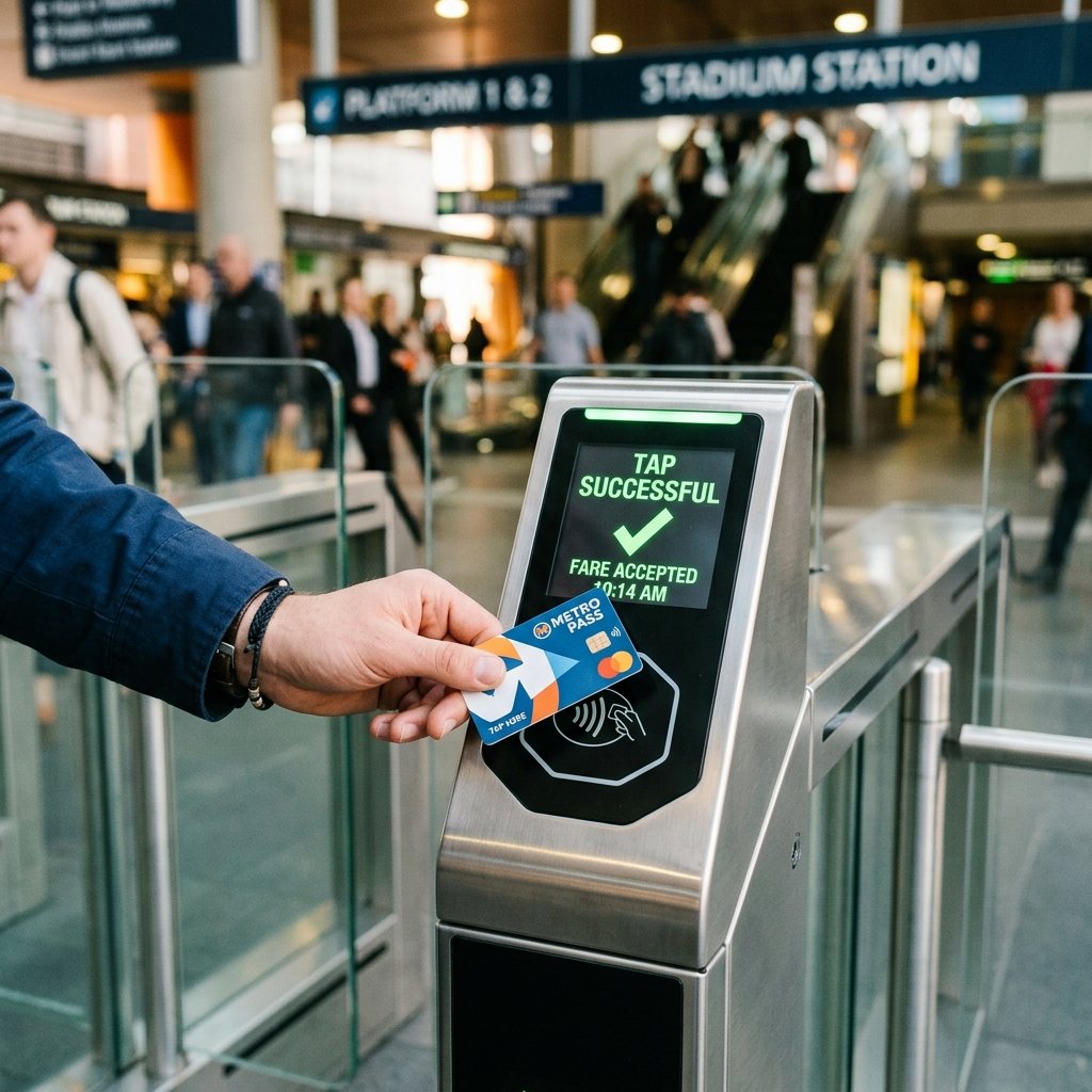Passageiro a validar um cartão de transporte Compass num leitor sem contacto numa estação