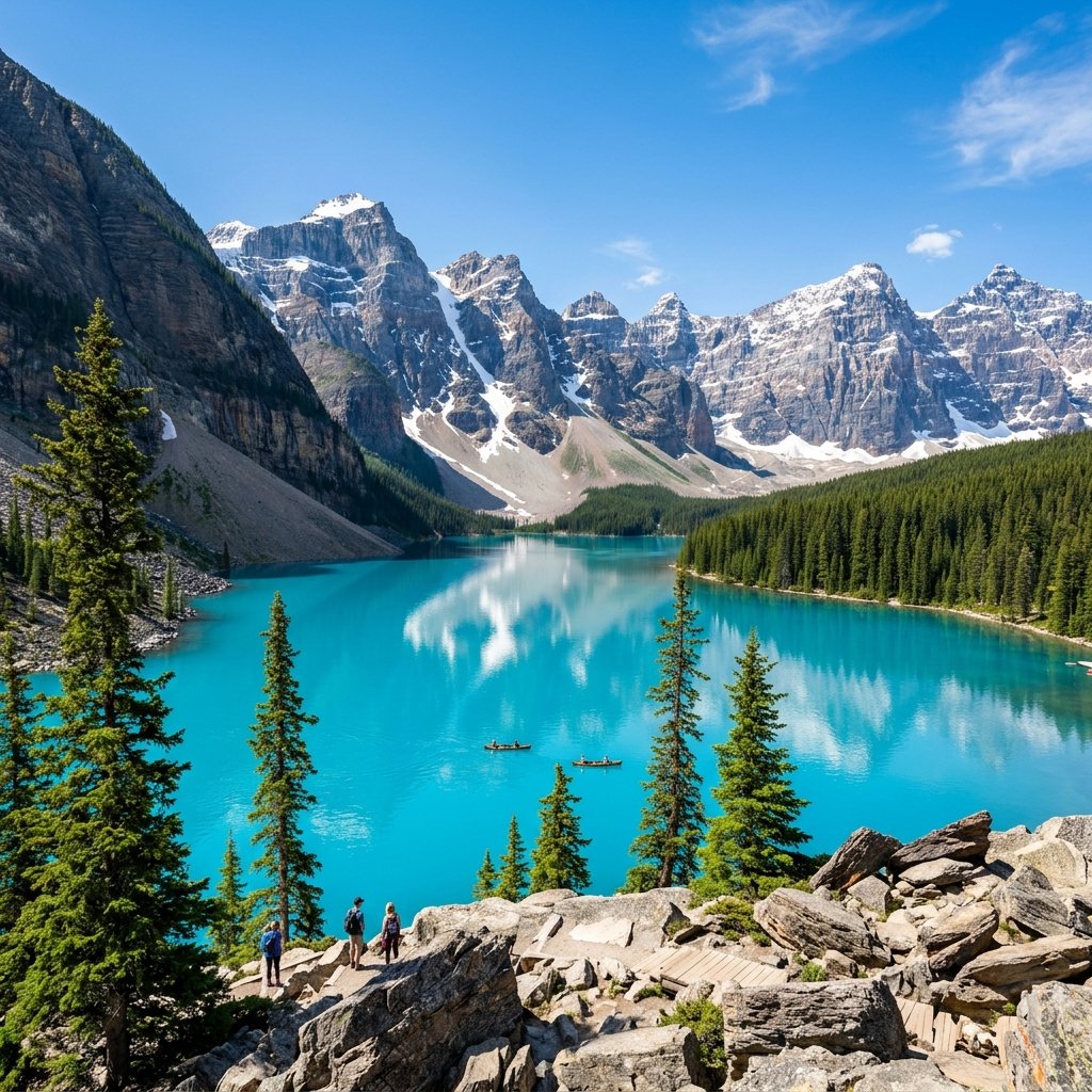 O majestoso lago Moraine no parque nacional de Banff com as suas águas turquesas