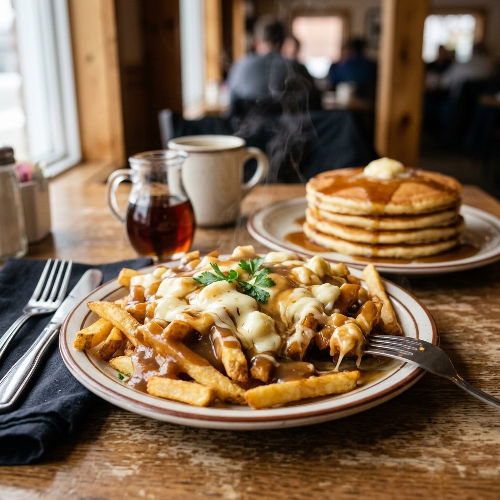 Prato quente de poutine canadiana tradicional com panquecas de xarope de ácer