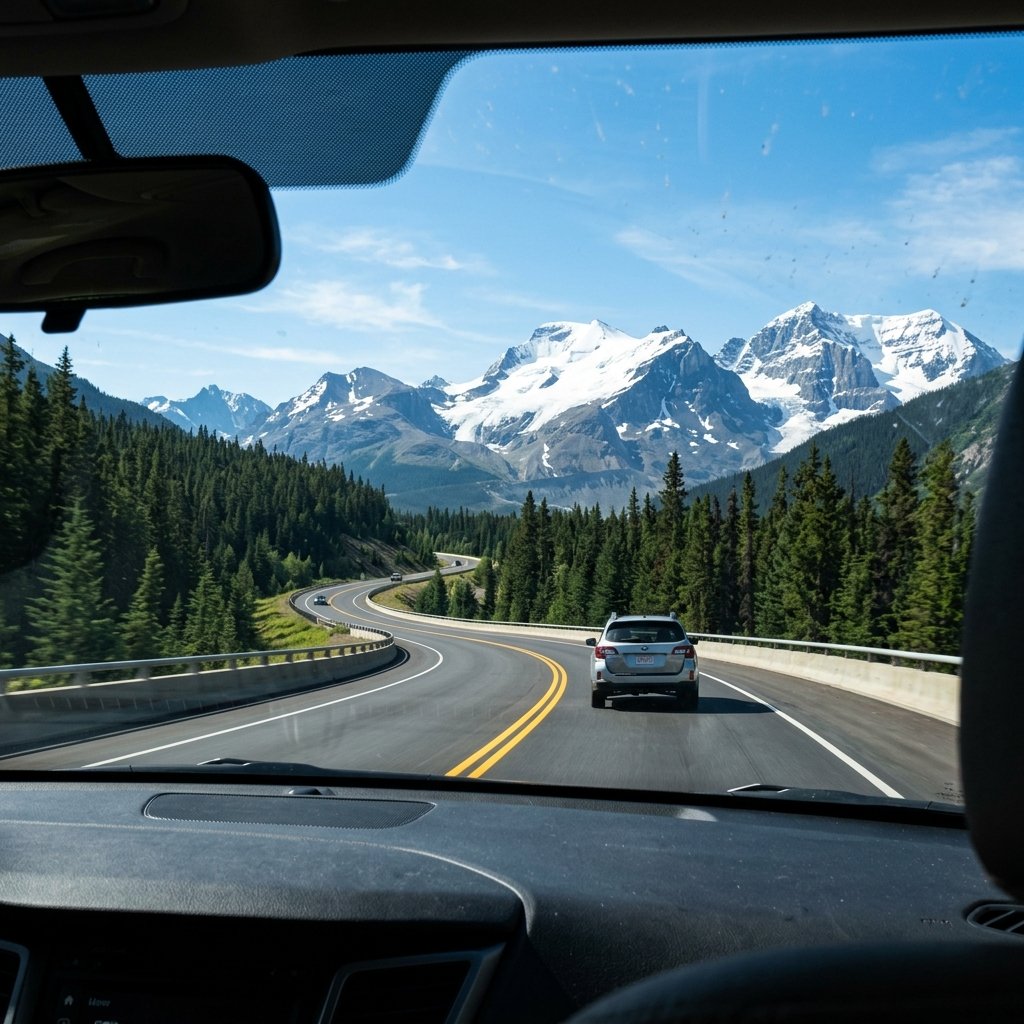 Vista panorâmica de uma estrada que serpenteia através de altas florestas de pinheiros nas Montanhas Rochosas canadianas