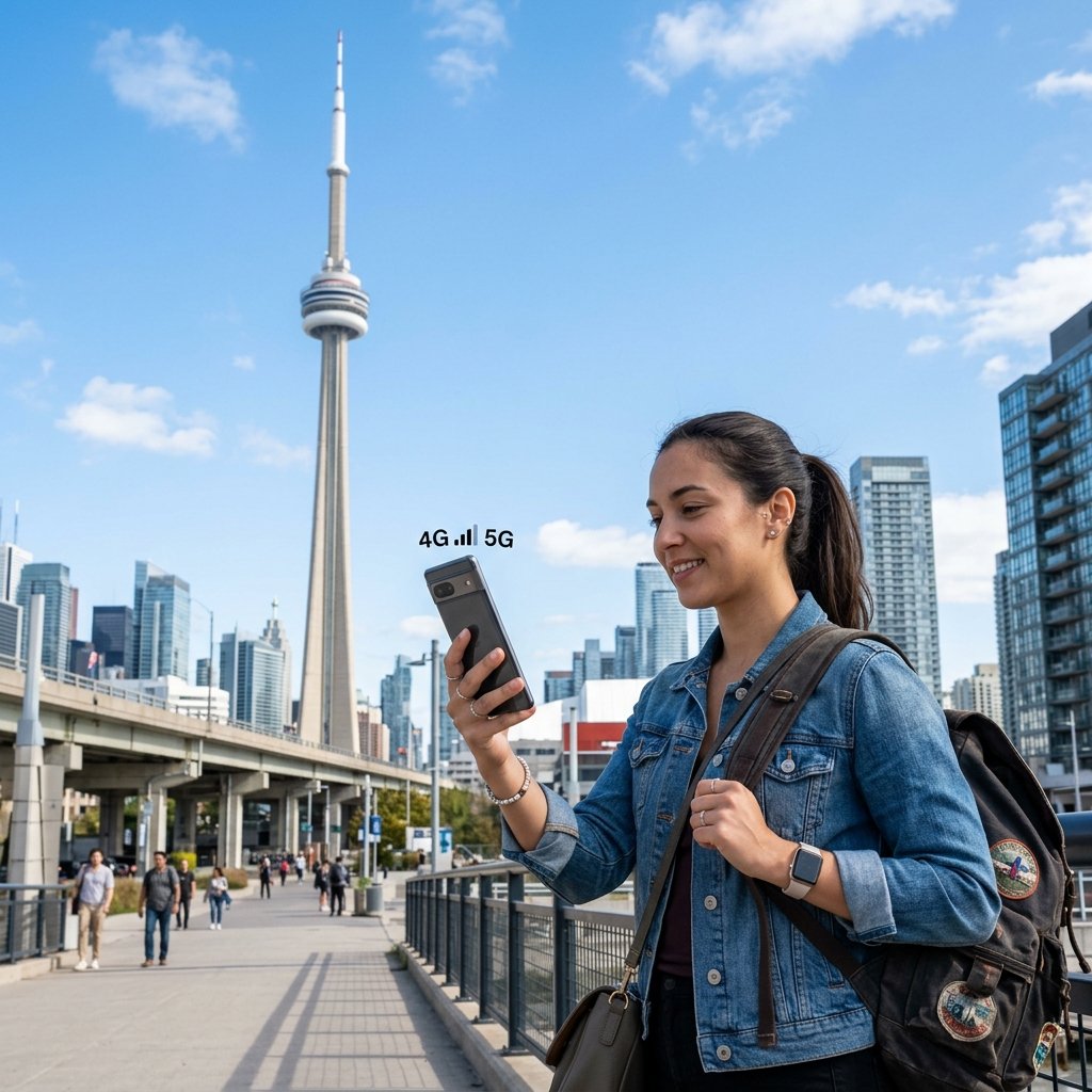 Viajante com um smartphone que mostra uma ligação 5G com a Torre CN em Toronto de fundo