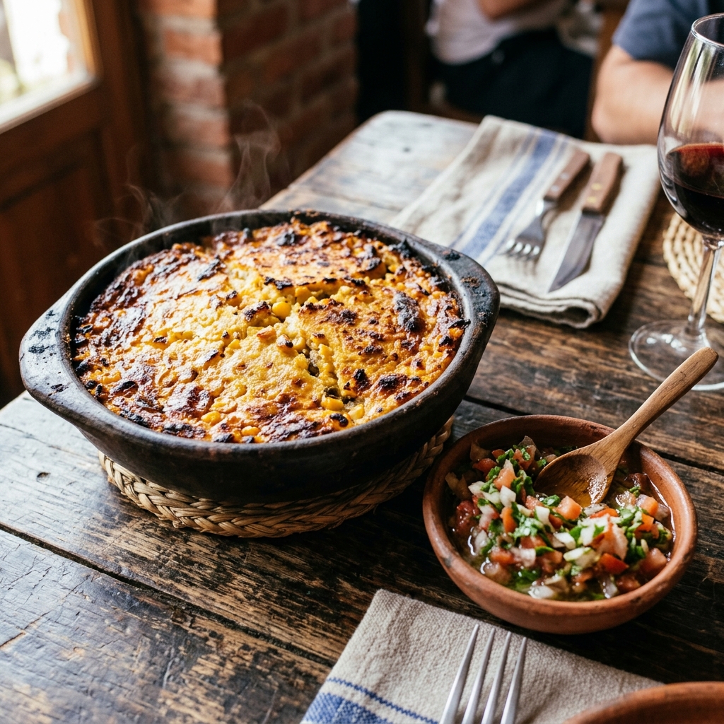Empanada de pino tradicional horneada servida con vino tinto chileno