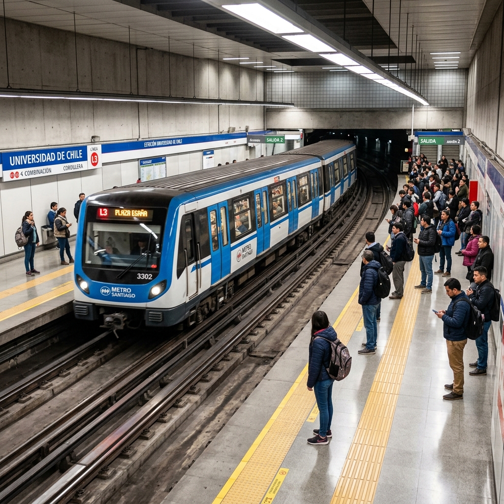 Tren del metro de Santiago llegando a una estación moderna