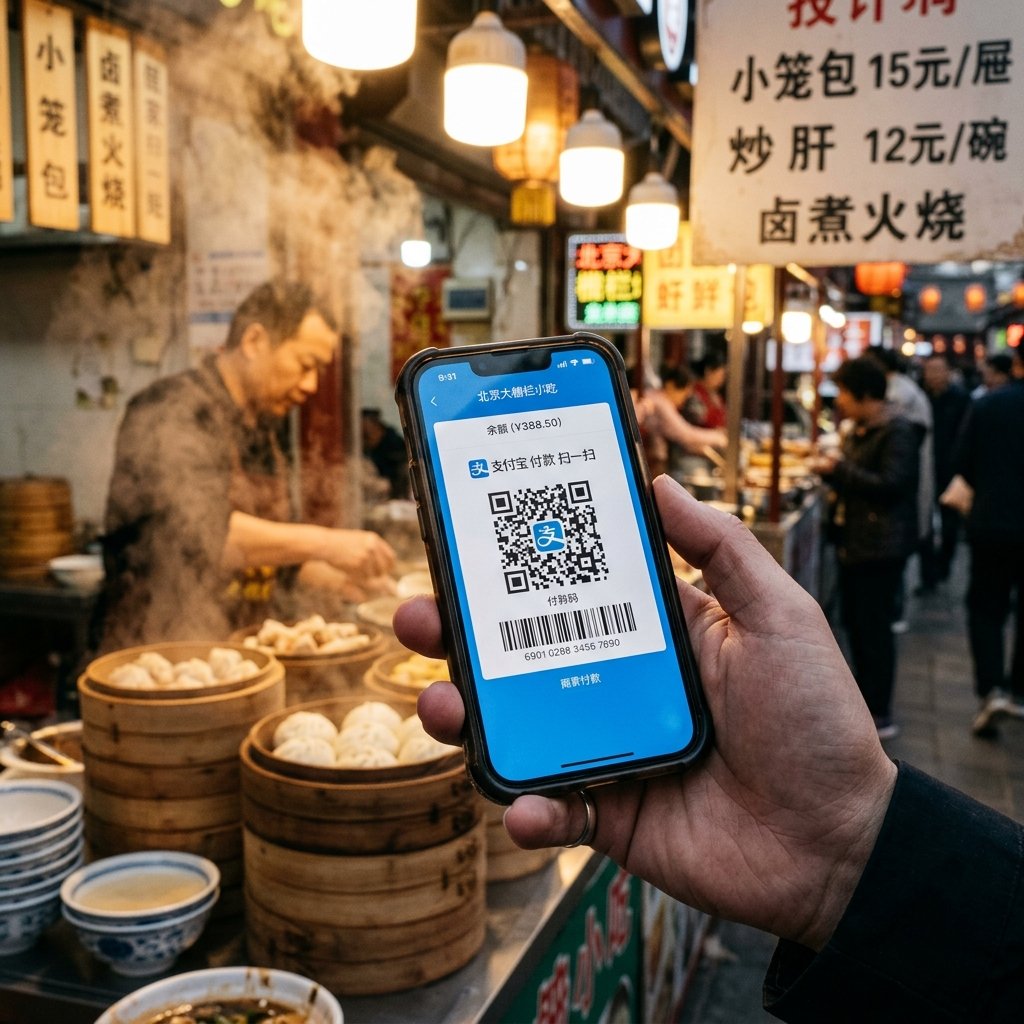Scanning a QR code on a smartphone screen to pay a street vendor in China