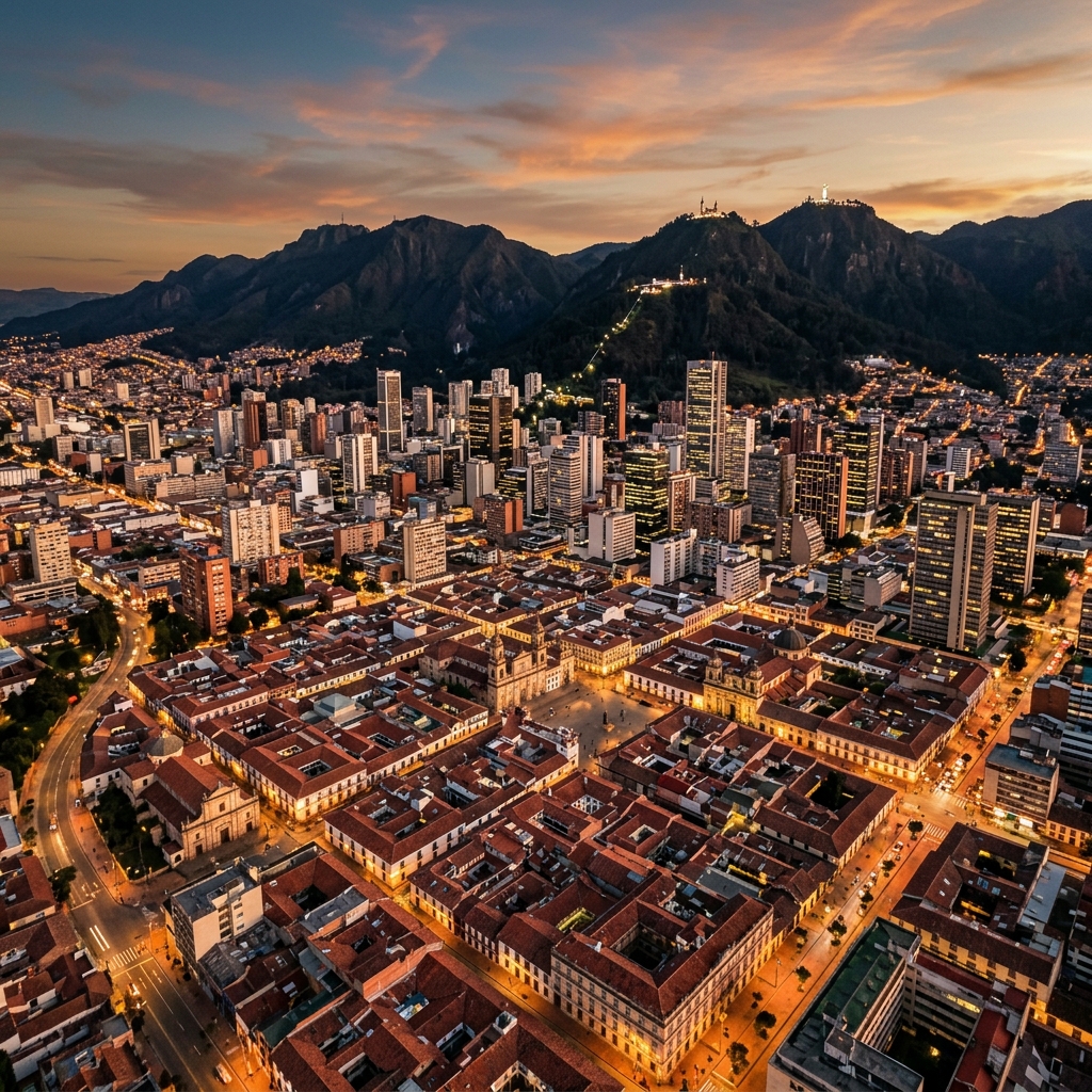 Medellin city valley view with brick buildings and cable car in Colombia