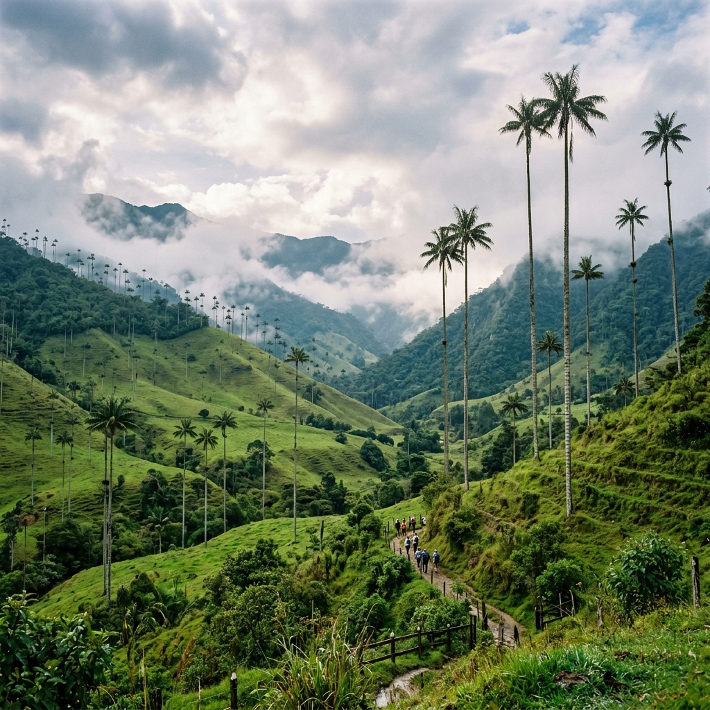 The scenic Cocora Valley with tall wax palm trees in Colombia