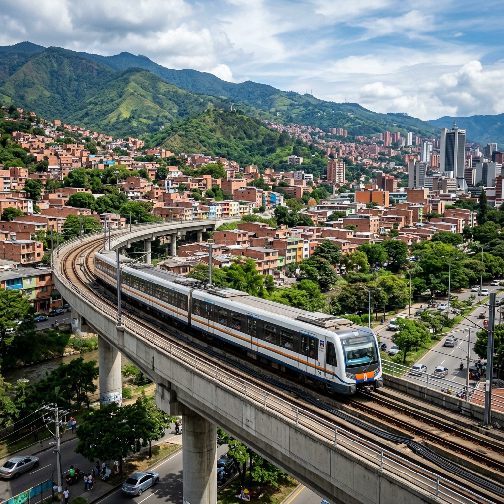 A red TransMilenio bus stopping at a passenger station in Bogota Colombia