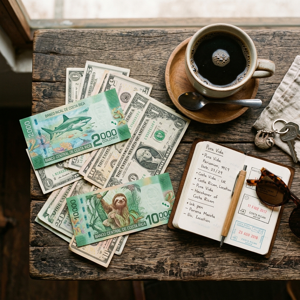 Colorful Costa Rican Colon banknotes showing sharks and sloths on a wooden table