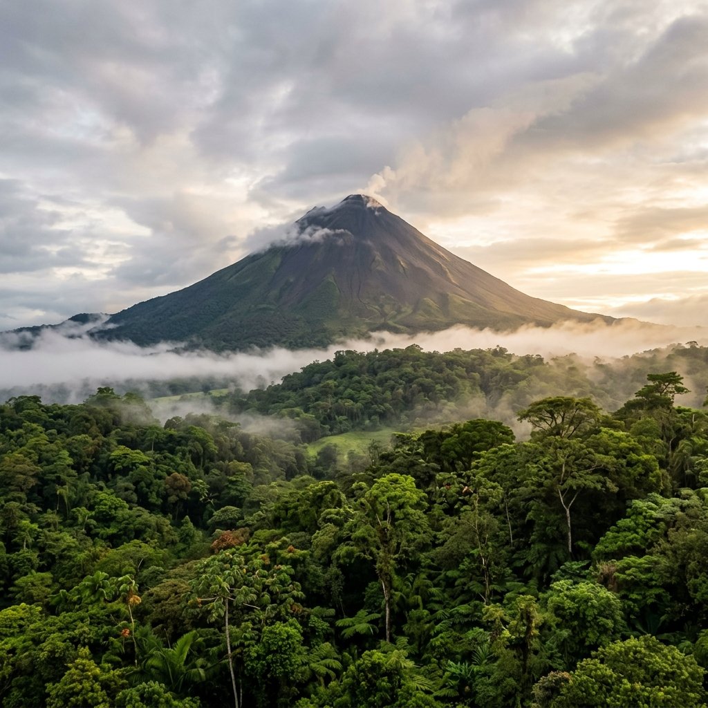 Un viaggiatore che utilizza uno smartphone con connettività 5G su un ponte sospeso in una foresta pluviale nebbiosa in Costa Rica