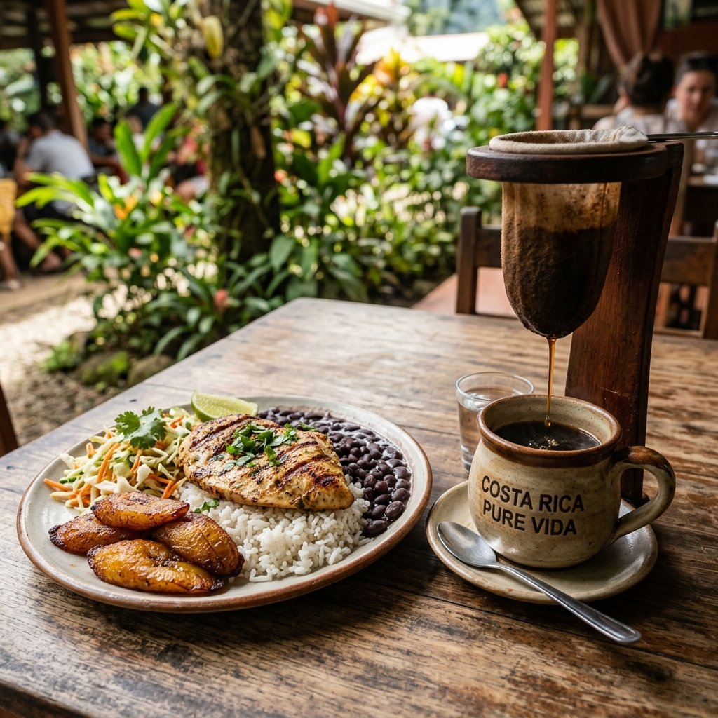 Un piatto tradizionale di Gallo Pinto del Costa Rica servito con uova, platani fritti e panna acida su un tavolo di legno