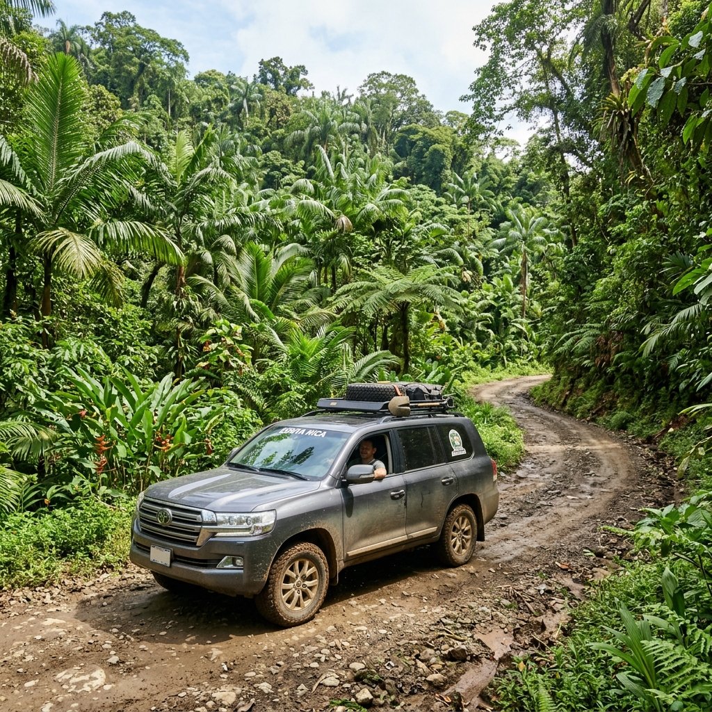 Dettaglio di una mano che tiene uno smartphone che mostra un percorso di navigazione cartografica Waze attraverso una regione montuosa del Costa Rica