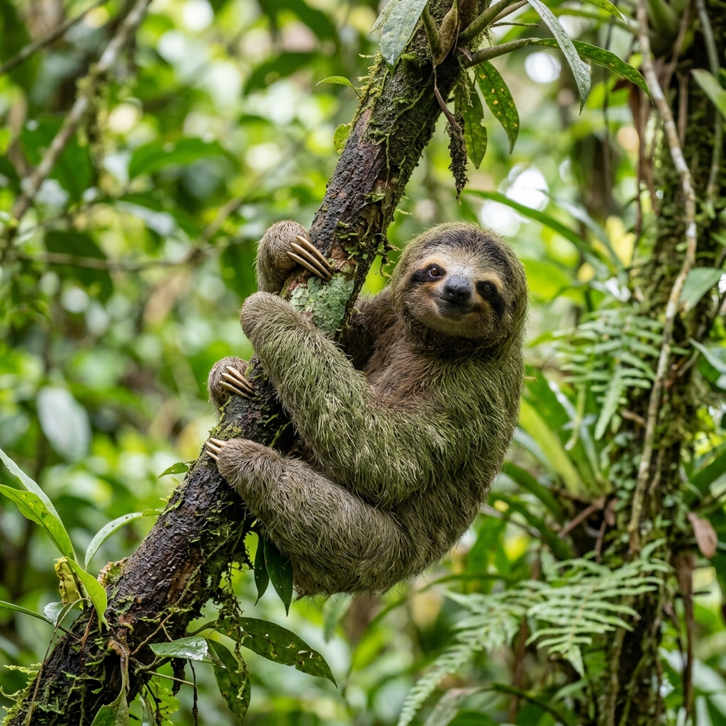 A cute three-toed sloth clinging to a tree branch in Manuel Antonio National Park Costa Rica