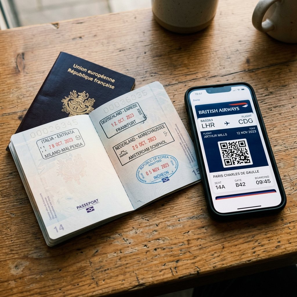Passaporte biométrico ao lado de um carimbo de fronteira croata e um tablet eVisitor