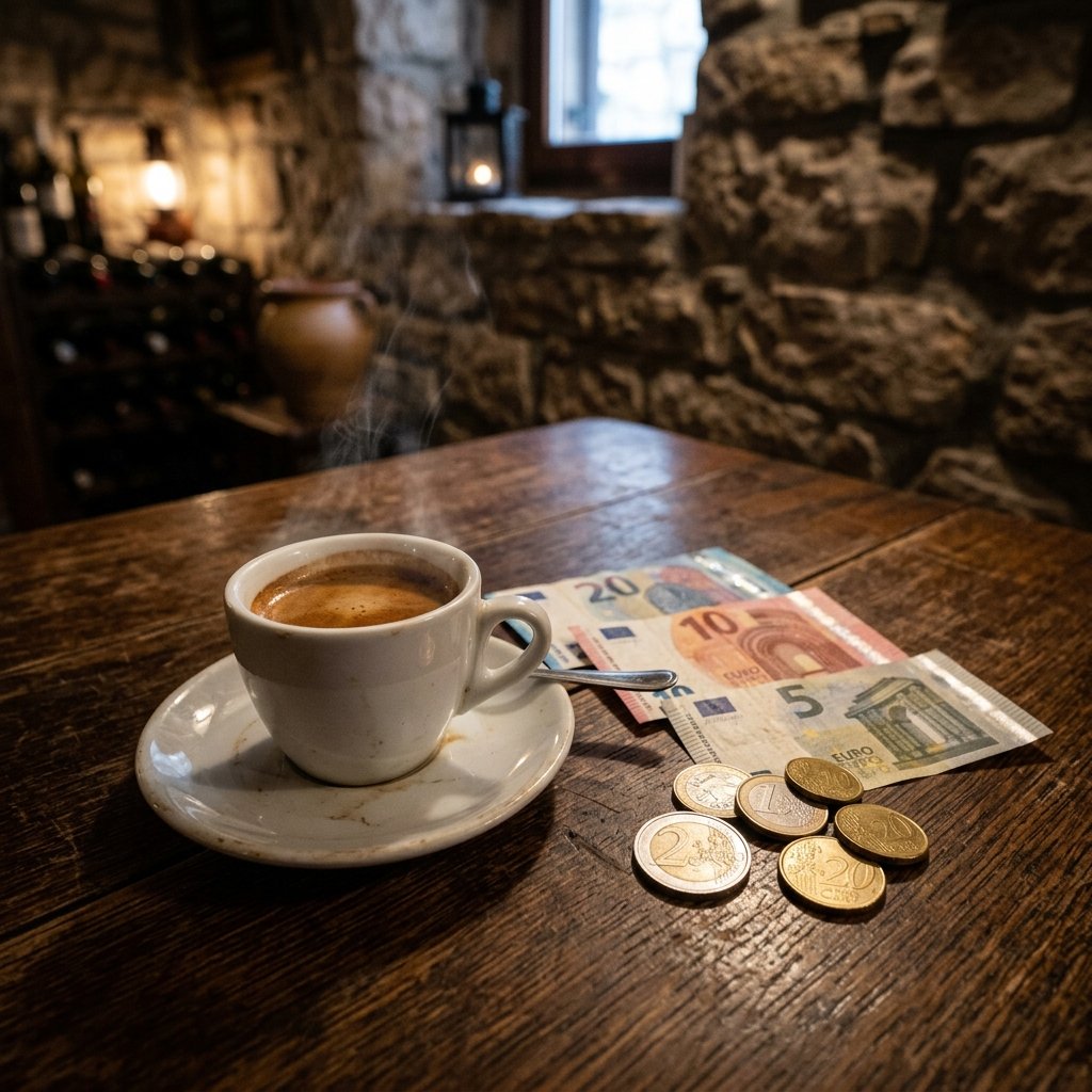 Moedas e notas de euro ao lado de uma chávena de café numa mesa de madeira numa konoba croata