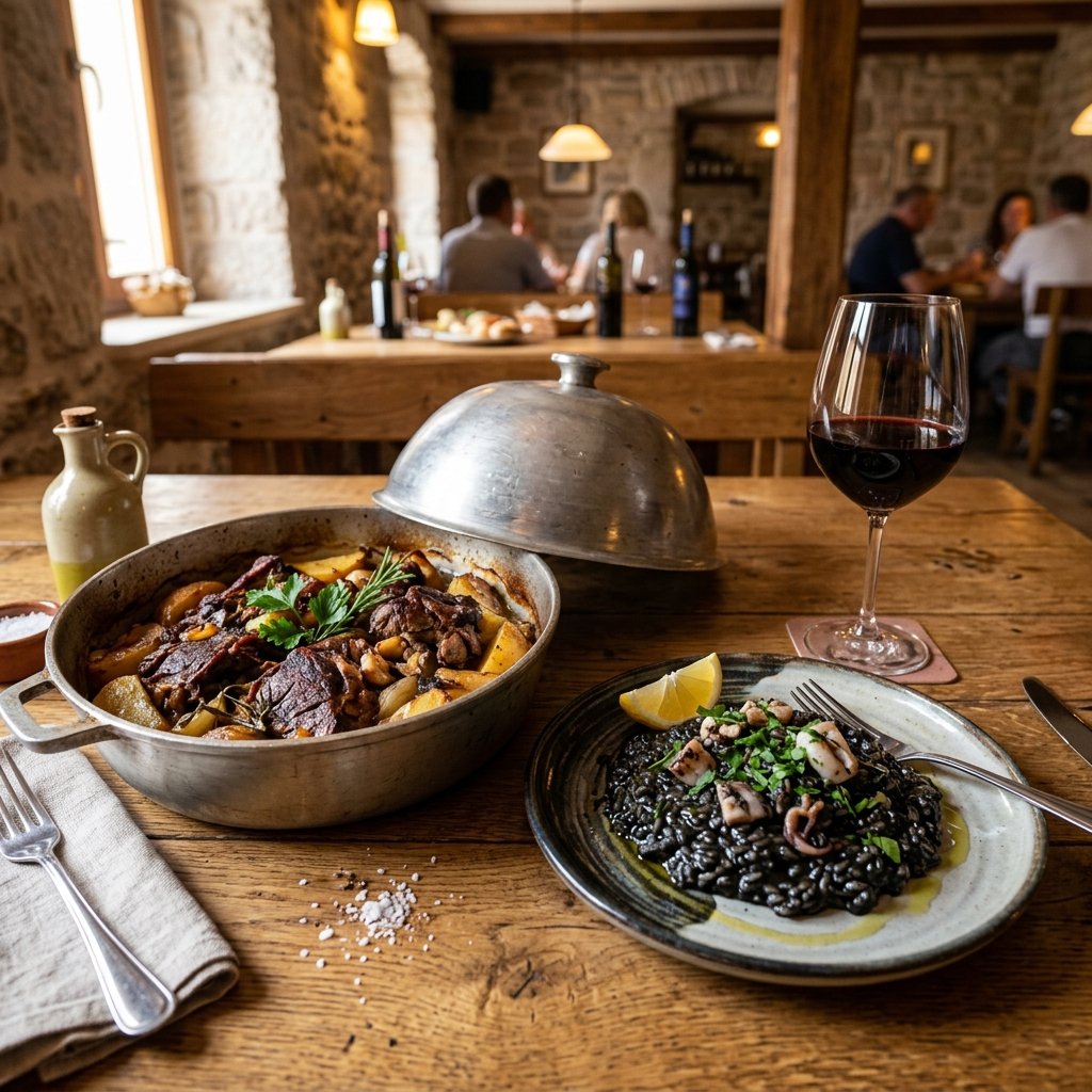 Prato tradicional de Peka dalmata, risotto de tinta de choco e vinho tinto Plavac Mali numa konoba