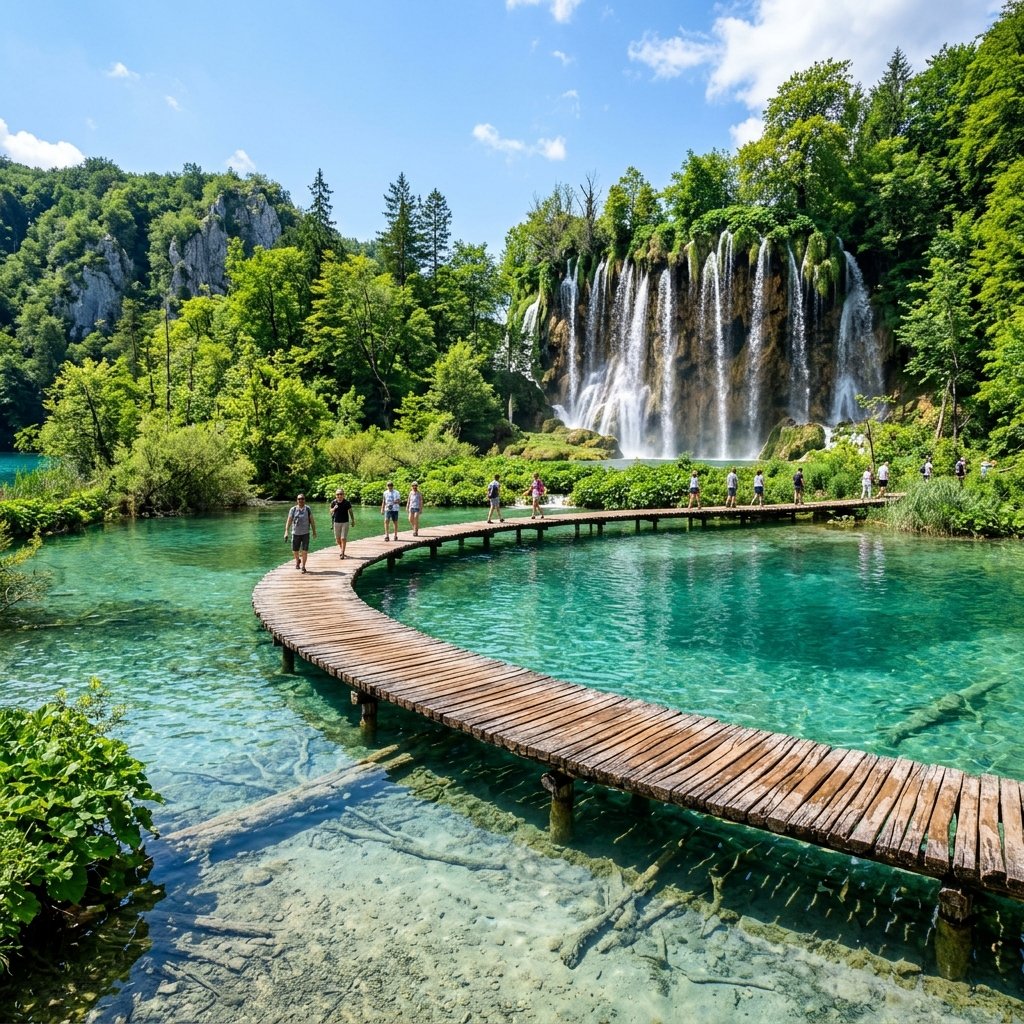 Cascatas espetaculares e passadiços de madeira sobre águas turquesas no Parque Nacional dos Lagos de Plitvice