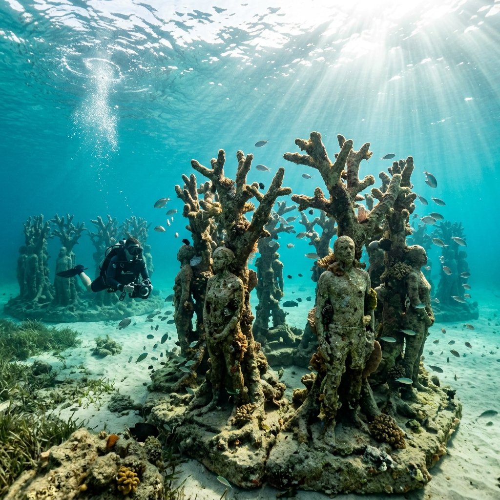 キプロスの水中彫刻美術館MUSANの澄んだ海中に沈む、木や人物の石像