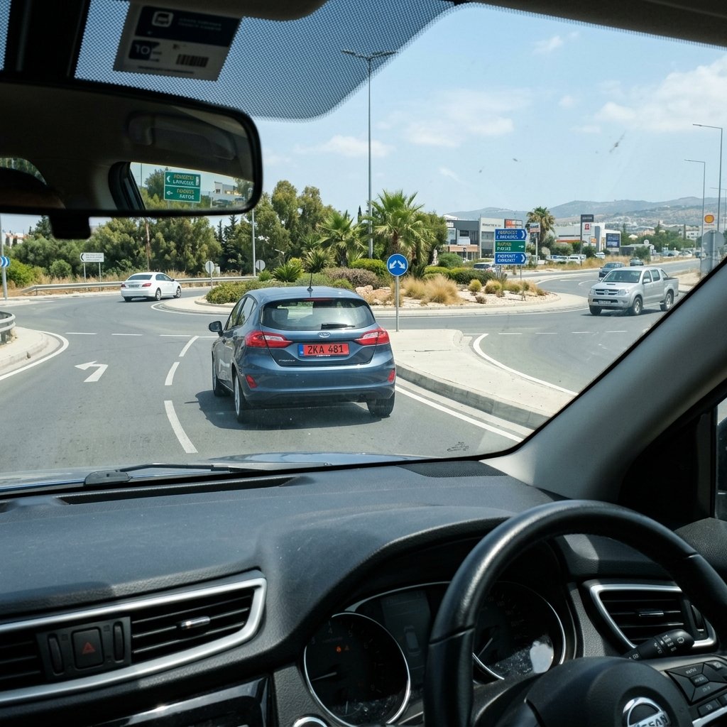キプロスで左側通行のレンタカーを運転中、前方のラウンドアバウトに接近する車内からの景色