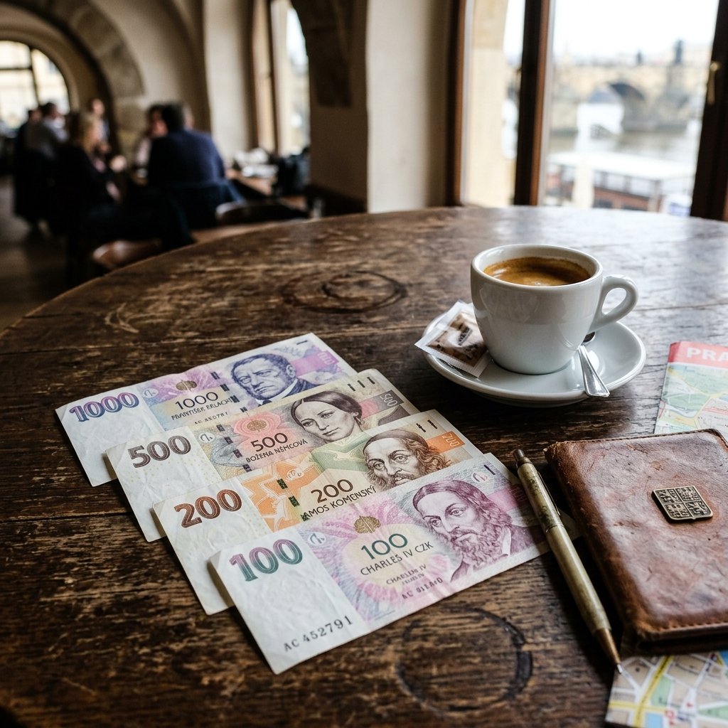Notas de coroa checa CZK dispostas numa mesa de café