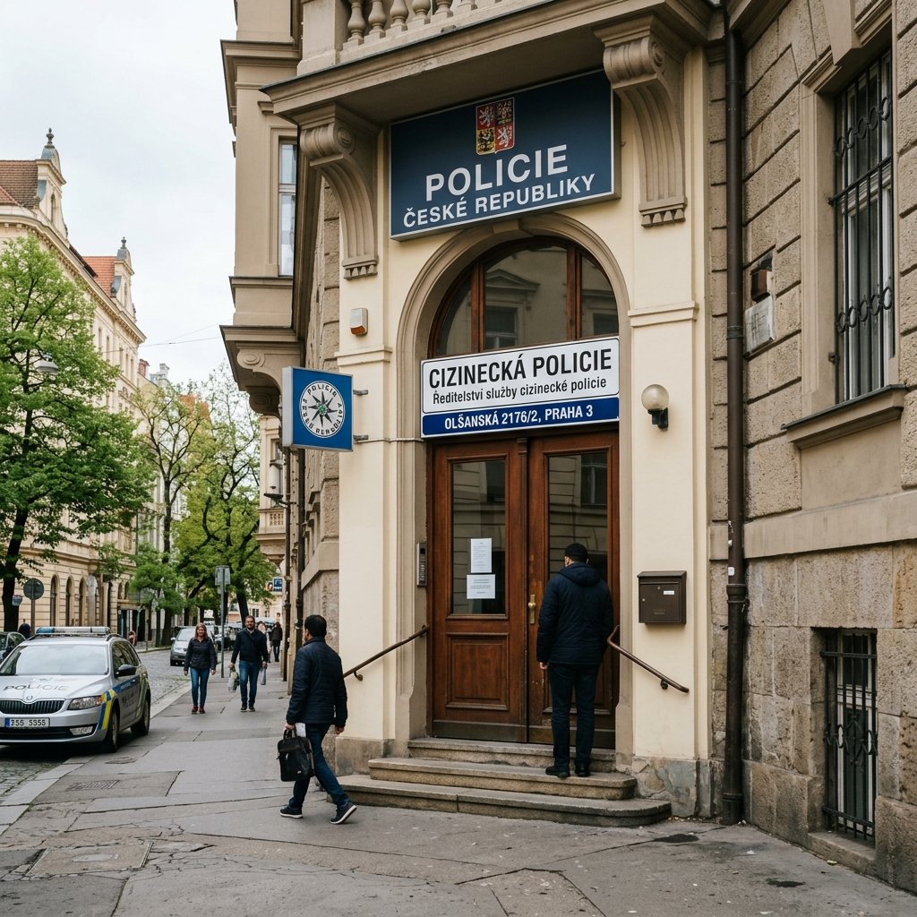 Entrada e placa oficial do posto da Polícia de Estrangeiros checa em Praga