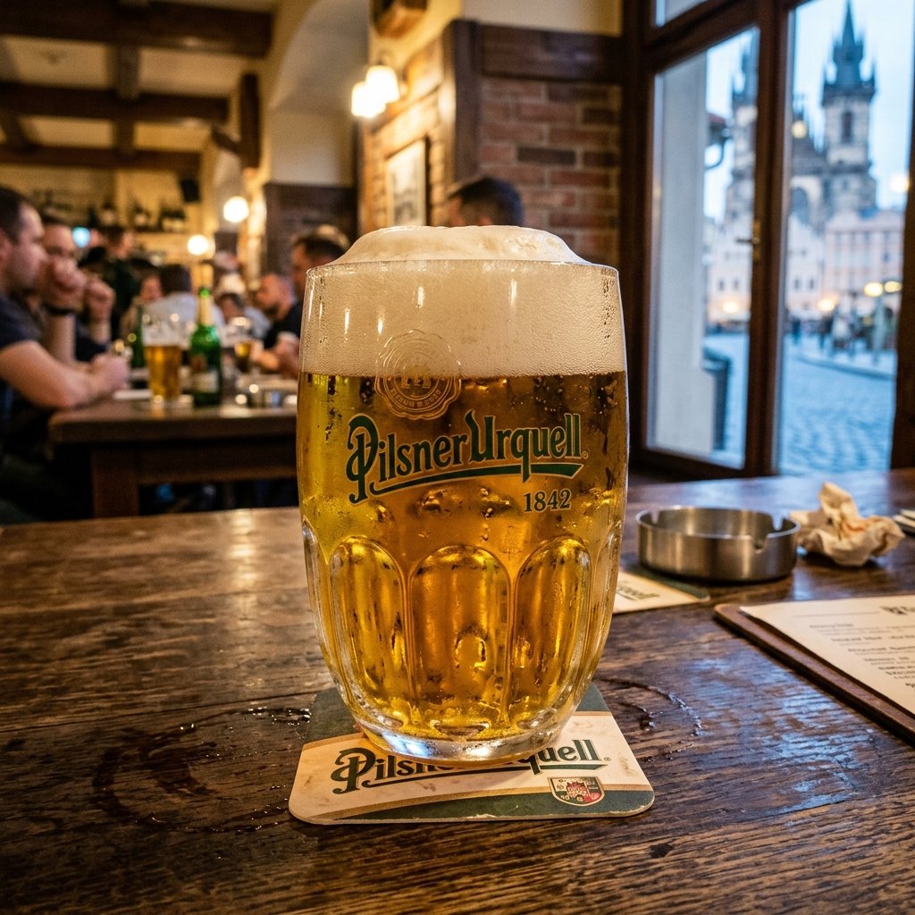 Caneca de cerveja Pilsner Urquell sobre um posavasos numa cervejaria em Praga
