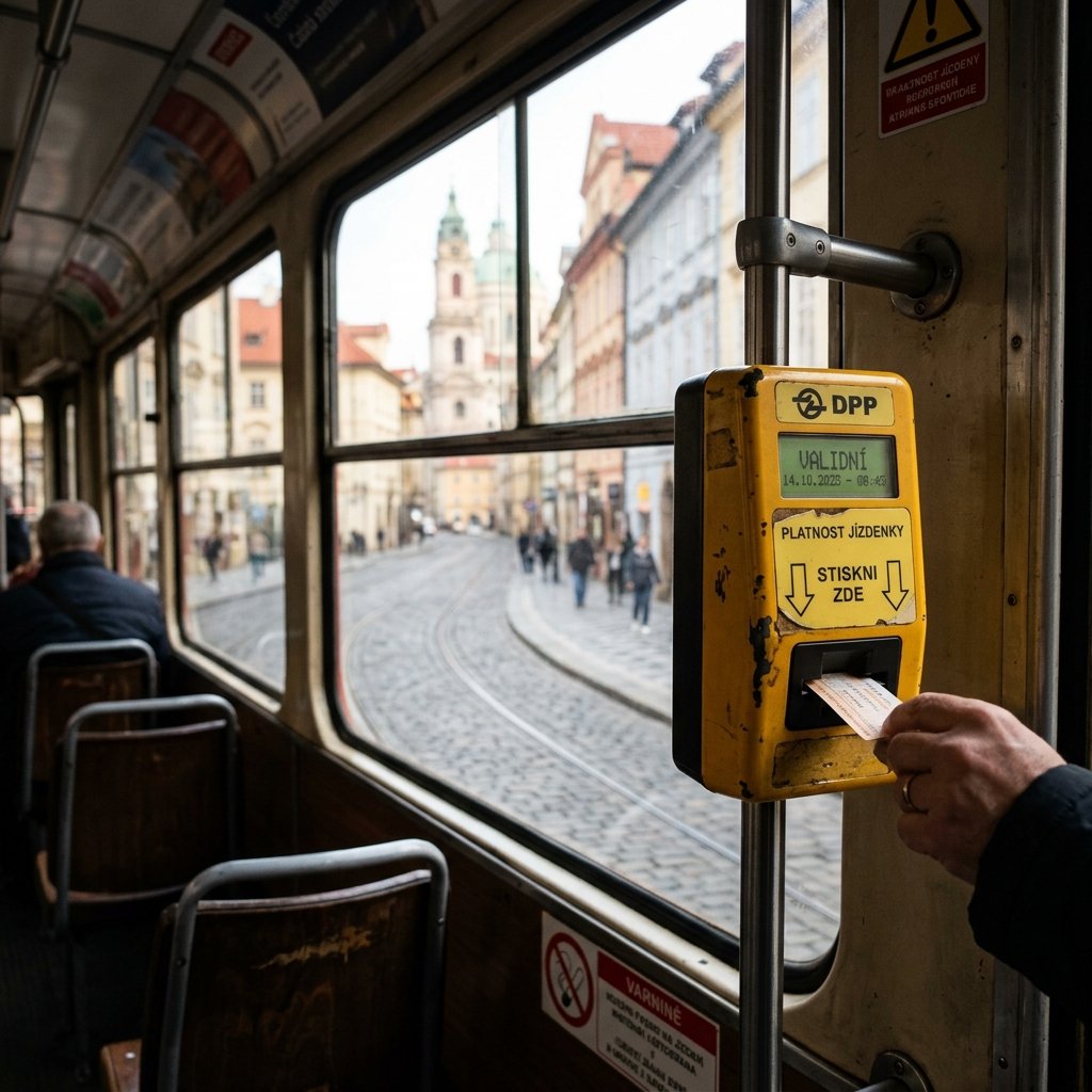 Máquina validadora de bilhetes amarela no interior de um elétrico em Praga