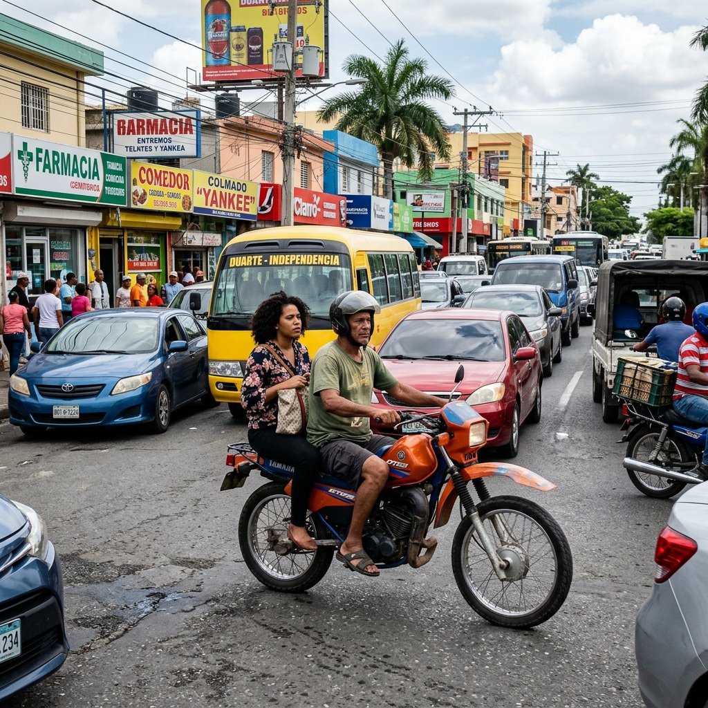 ドミニカ共和国サントドミンゴの通りで、混雑した交通の中を乗客を乗せて走るバイクタクシーのモトコンチョ
