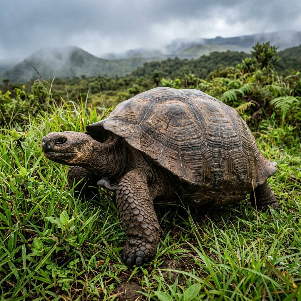エクアドルのサンタクルス島にある青々とした高地で草を食む巨大なガラパゴスゾウガメ