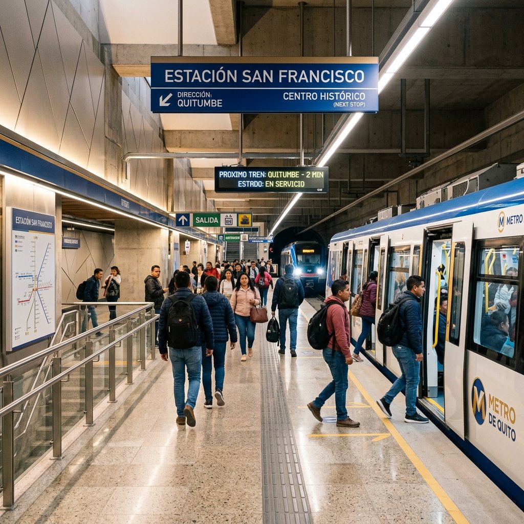 キト地下鉄(Metro de Quito)の清潔でモダンな駅ホームと乗車する乗客たち