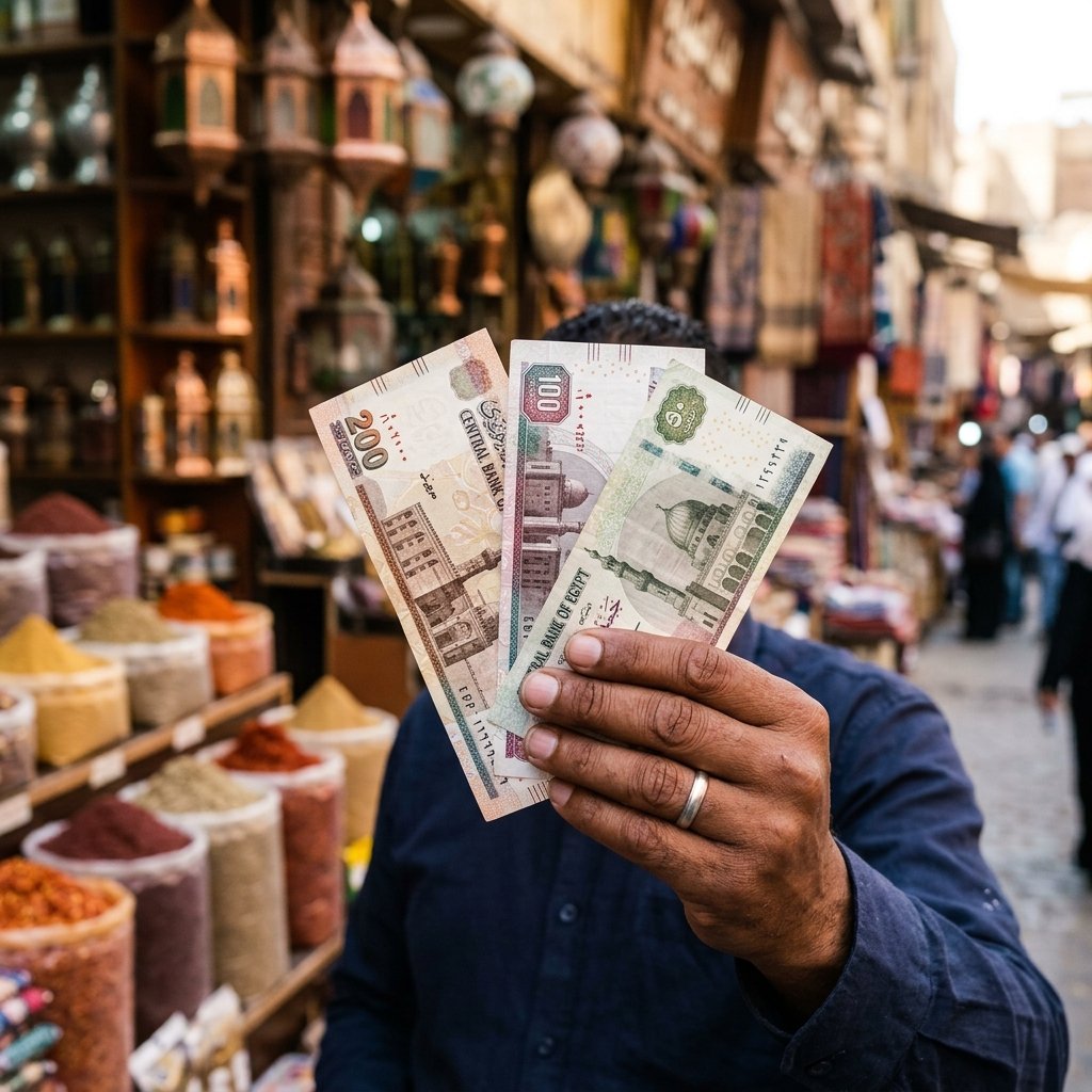 Grande plano de uma mão a segurar notas de libras egípcias num mercado tradicional no Cairo