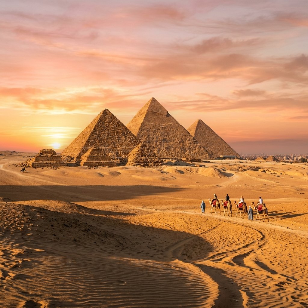 Uma vista paisagística panorâmica das majestosas Pirâmides de Giza no Egito sob um pôr do sol quente no deserto
