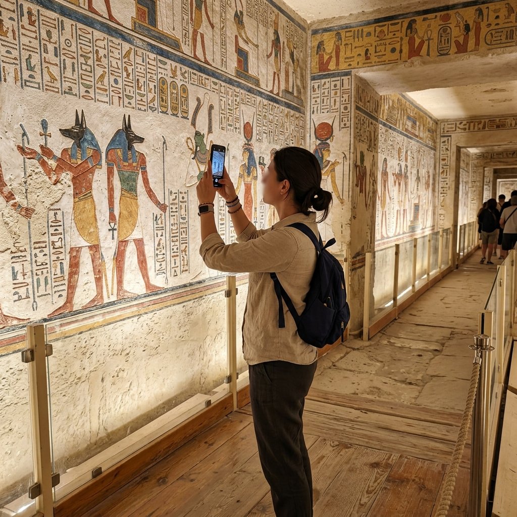 Interior de um túmulo detalhado no Vale dos Reis exibindo pinturas hieroglíficas com um turista a segurar um telemóvel