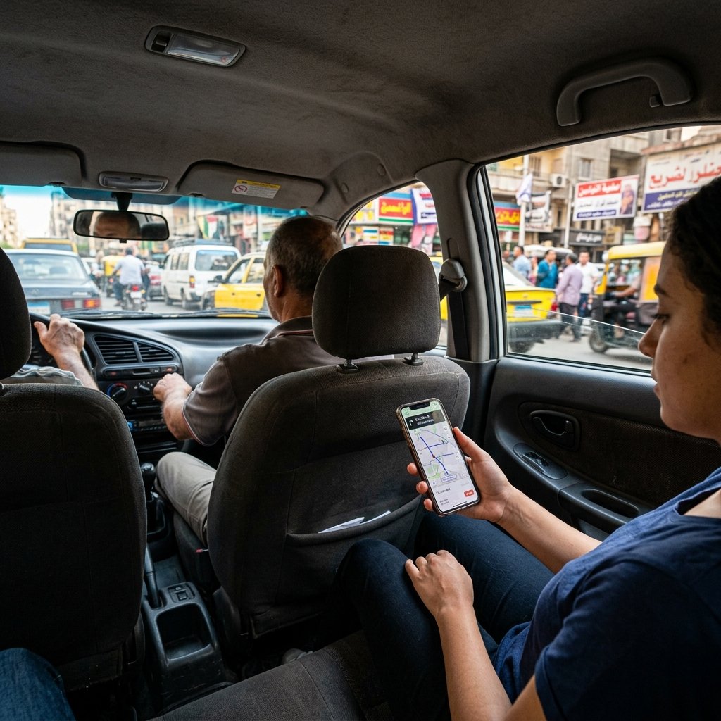 Vista do banco traseiro de um carro Uber no trânsito do Cairo com um passageiro a verificar a rota no telemóvel