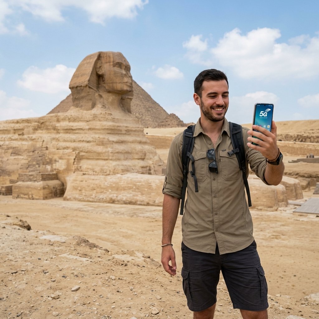 Um turista com um telemóvel a exibir um indicador de ligação 5G próximo da Esfinge de Giza no Egito