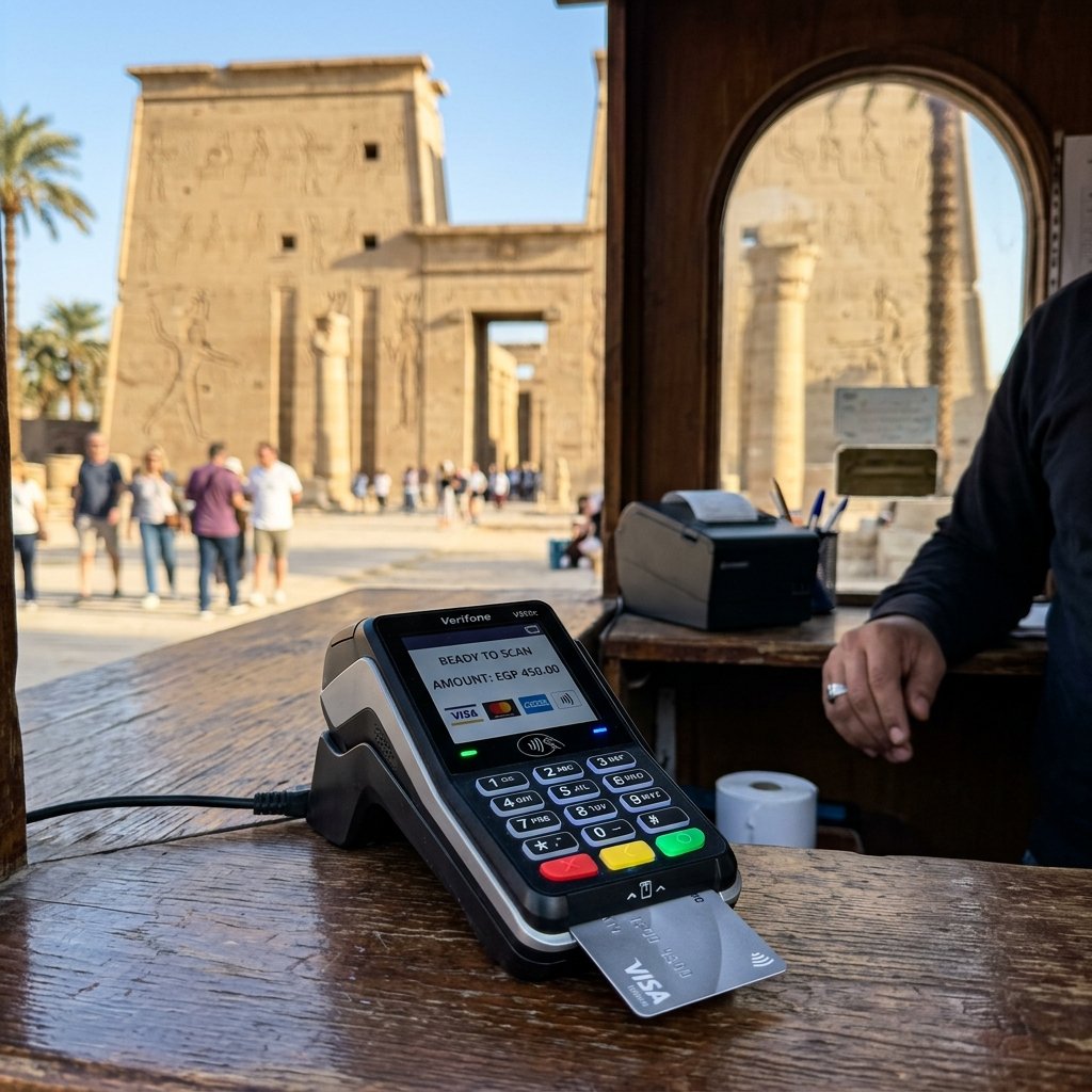 Grande plano de um terminal POS para pagamento com cartão num balcão de venda com as Pirâmides de Giza em fundo desfocado