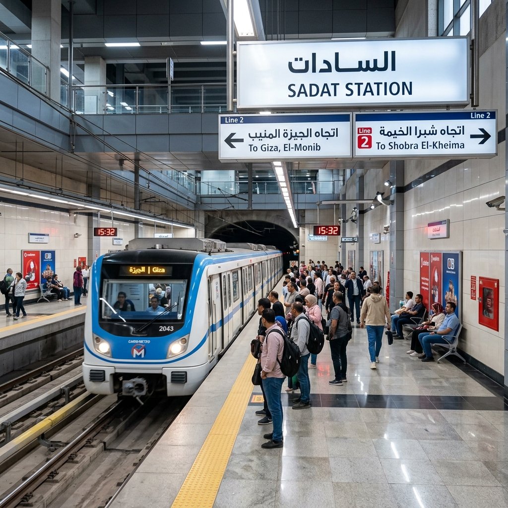 Plataforma limpa e moderna do metro do Cairo com uma carruagem a chegar e sinalização clara em árabe e inglês