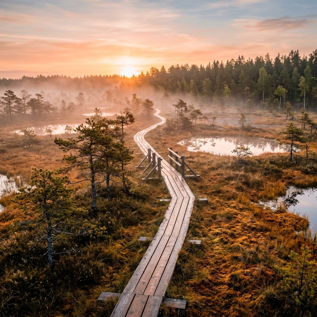 Trilho com passadico de madeira a cruzar a bela e enevoada turfeira de Viru ao amanhecer na Estonia