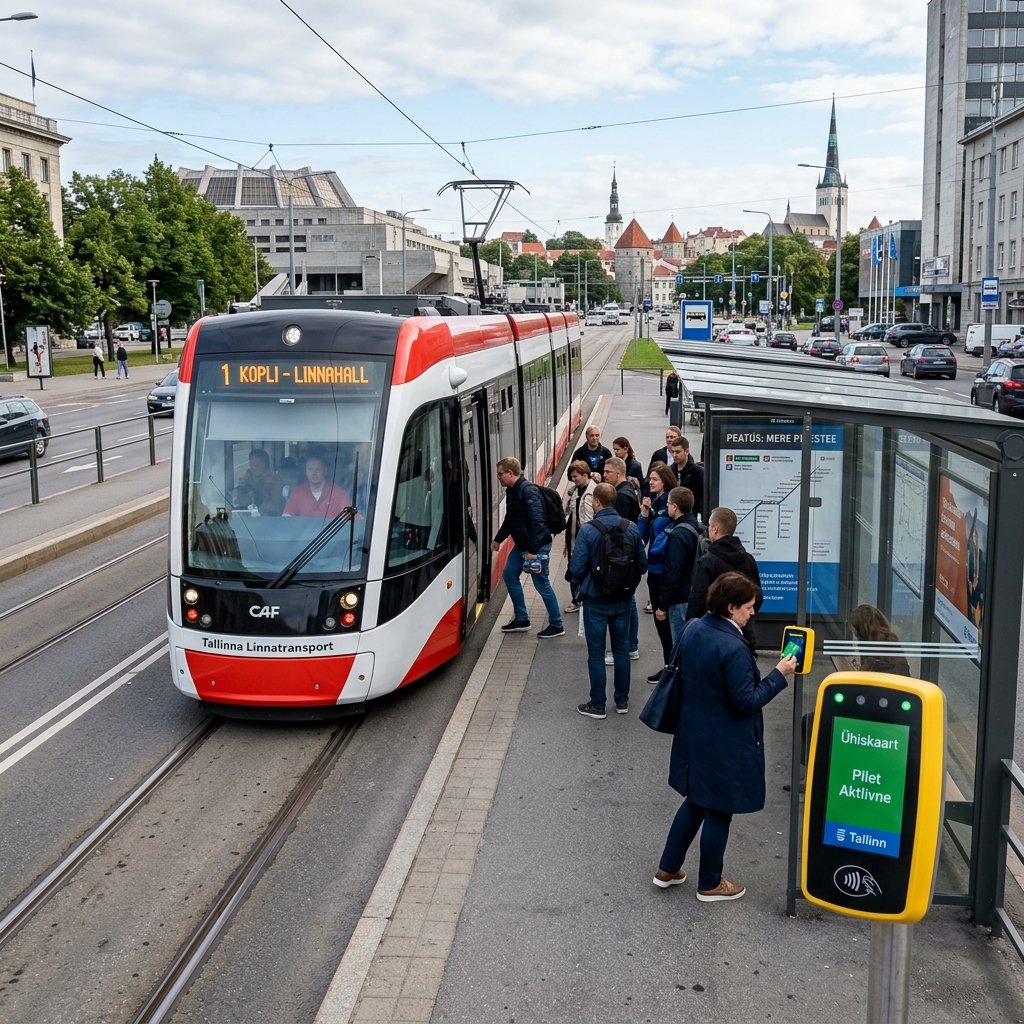 Eletrico moderno vermelho e branco a circular nos carris em Tallinn, Estonia, com passageiros a embarcar