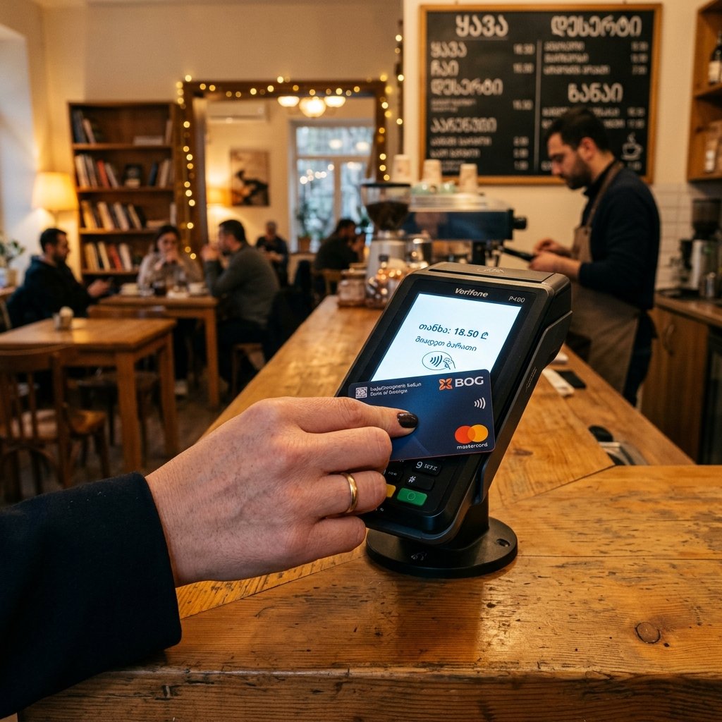 Pagamento sem contacto com cartão em terminal eletrónico num café em Tbilisi Geórgia