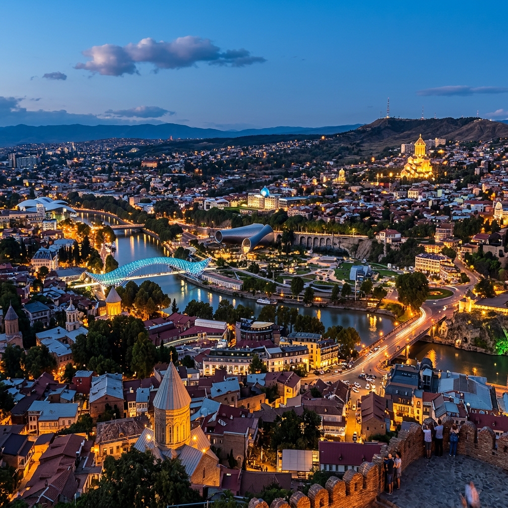 Ponte da Paixão iluminada e panorama de Tbilisi ao pôr do sol Geórgia