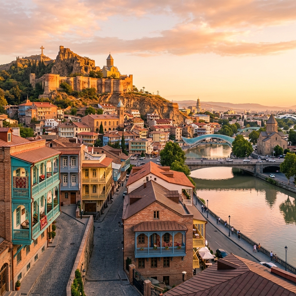 Rua histórica com varandas de madeira no centro antigo de Tbilisi Geórgia