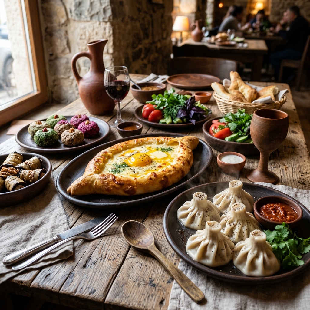 Pão Adjaruli Khachapuri e pastéis de massa Khinkali servidos quentes à mesa
