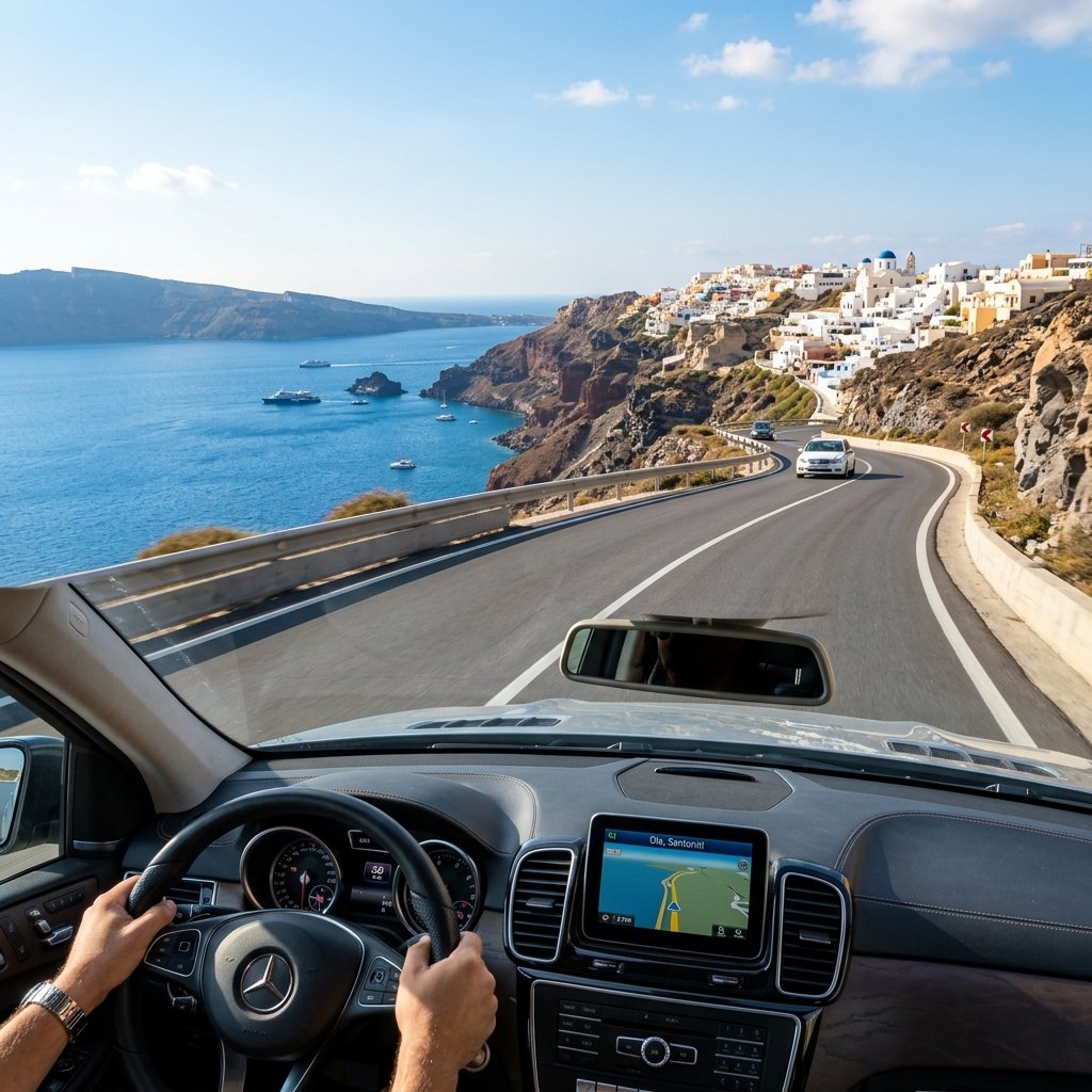 Visão de condução numa autoestrada costeira sinuosa na Grécia com vista para o mar azul profundo