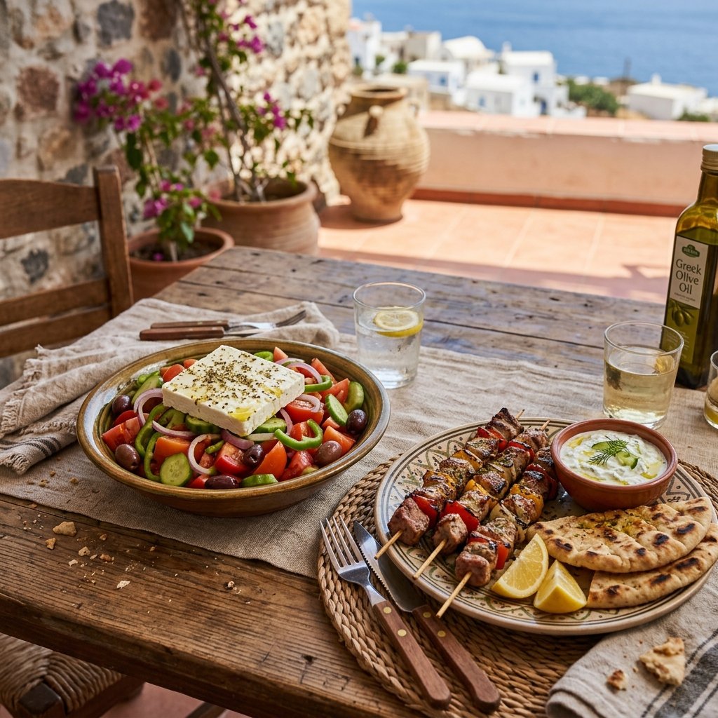 Uma salada grega tradicional fresca com queijo feta, azeitonas e azeite servida numa mesa numa taberna grega