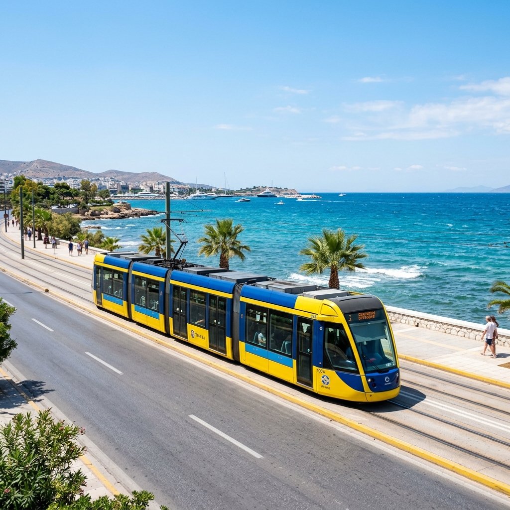 Um comboio moderno do Metro de Atenas a chegar a uma estação ao ar livre na Grécia