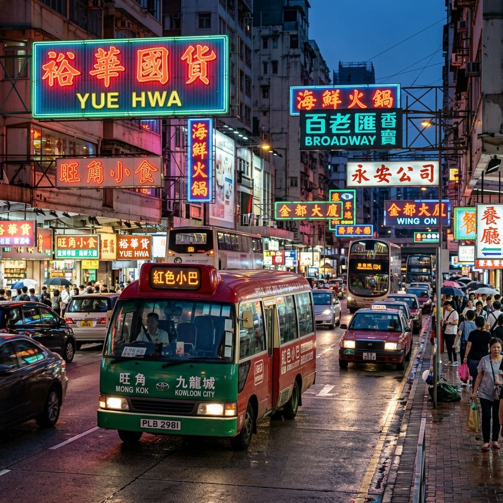Minibus tradicional verde e vermelho numa rua de Hong Kong com prédios altos em plano de fundo