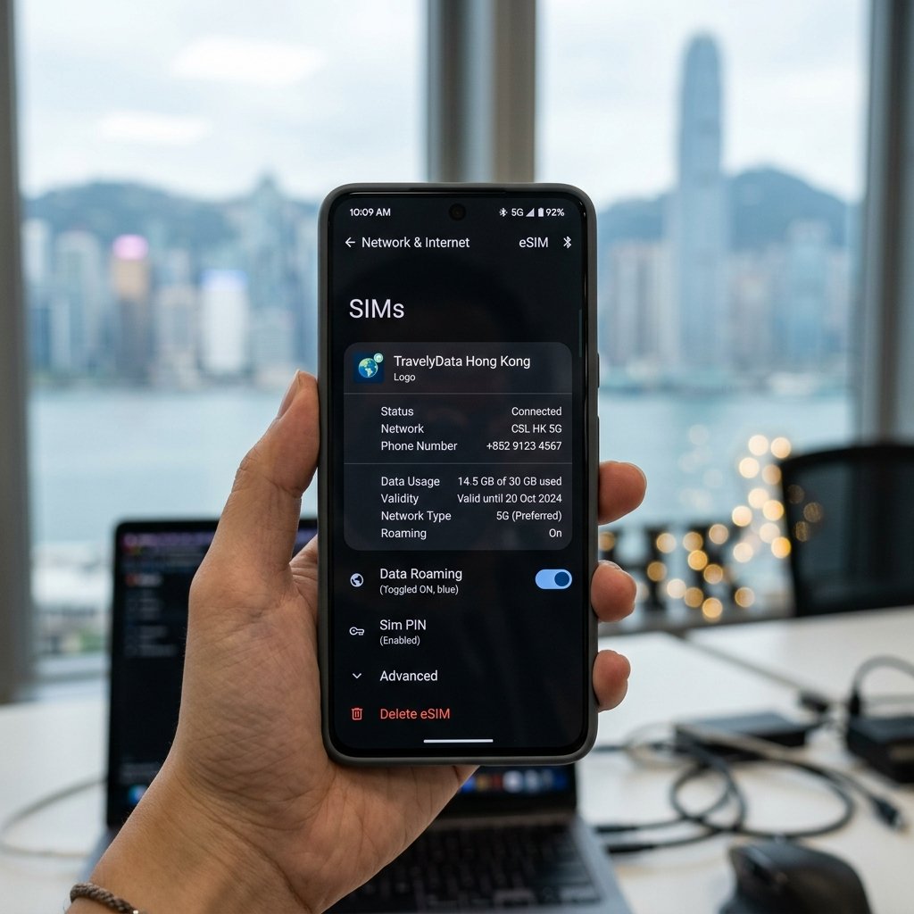 Smartphone mostrando a página de definições ativas do eSIM viagem Hong Kong da TravelyData