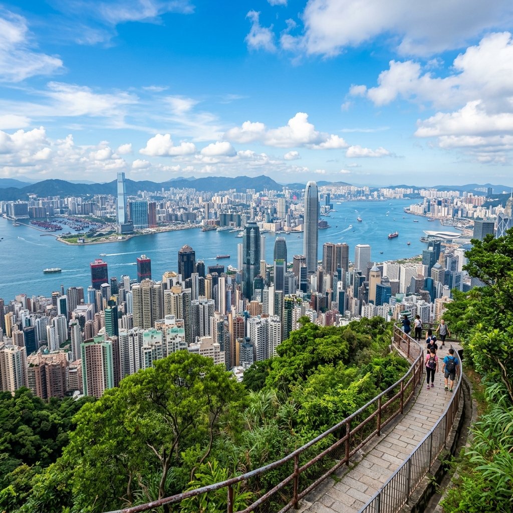 Vista panorâmica diurna de Victoria Harbour a partir do trilho de Lugard Road em Hong Kong