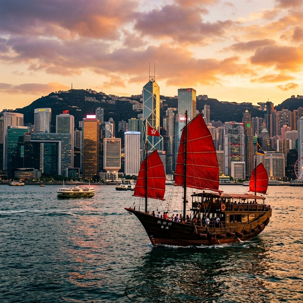 Peak Tram a subir a linha férrea com vistas dos arranha-céus e de Victoria Harbour em Hong Kong