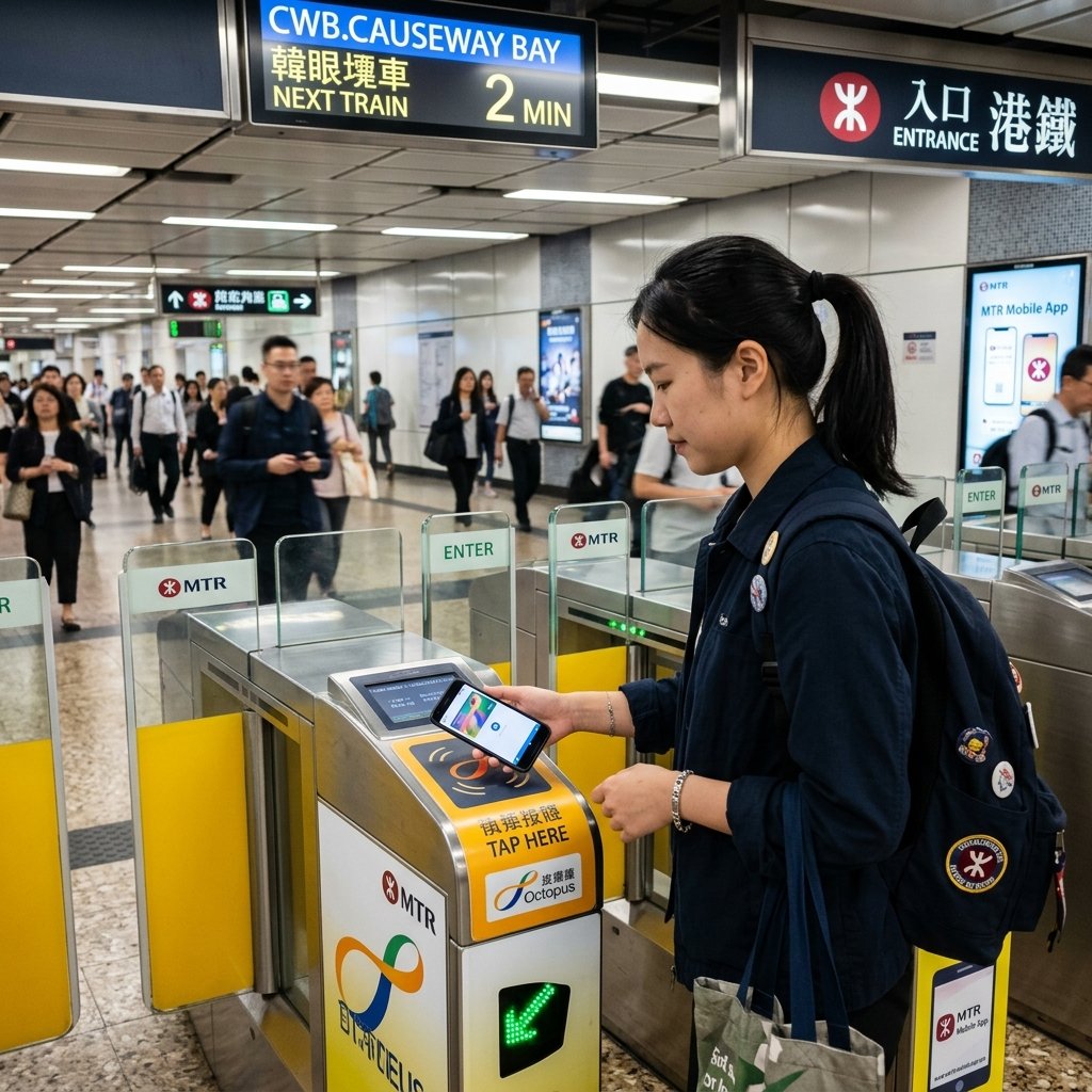Passageiro a passar o smartphone na barreira de acesso do metro MTR em Hong Kong